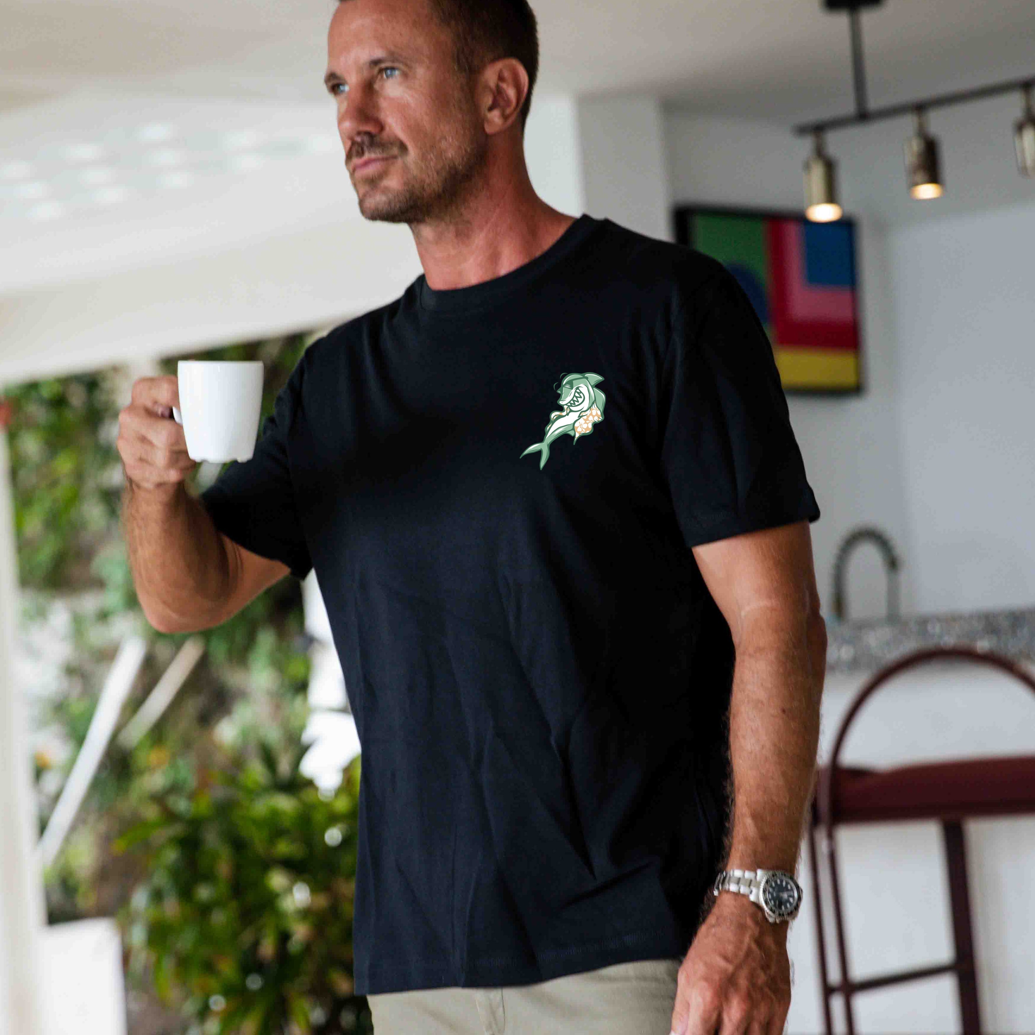 Black crew neck t-shirt with a beach-themed Do Not Disturb graphic