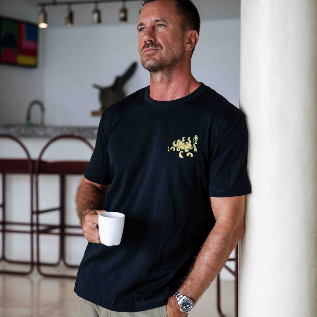 Black crew neck t-shirt with 'Taking the day off' graphic by Loindaflow
