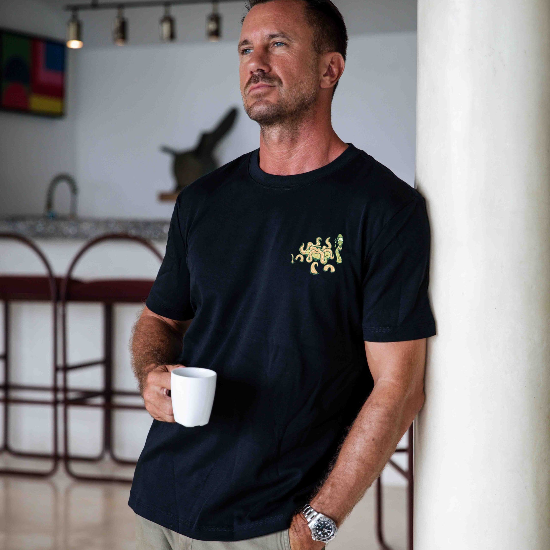 Black crew neck t-shirt with 'Taking the day off' graphic by Loindaflow