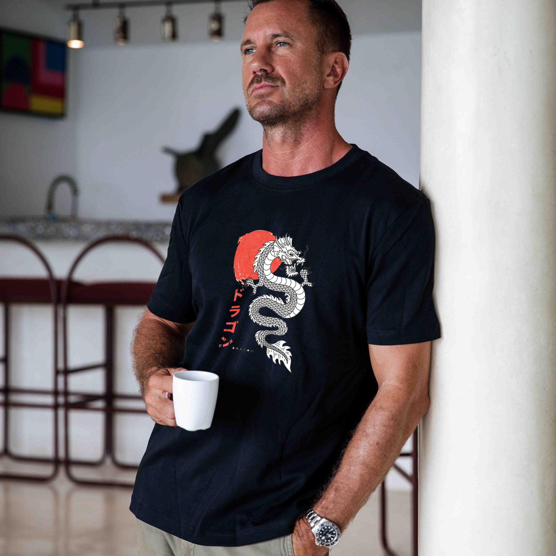 Black crew neck t-shirt featuring an energetic, traditional Japanese dragon dance print.