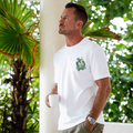 Men's white crew neck graphic t-shirt with Mind Surfing wave design.