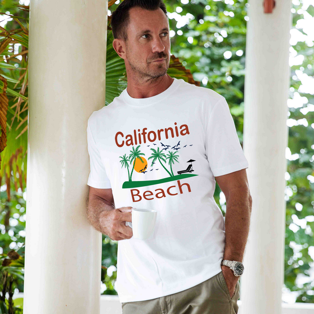 White men's crew neck graphic tee featuring a coconut tree, beach chair, and golden sunset ocean design on 100% cotton.