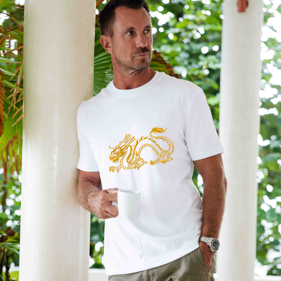 White crew neck t-shirt with a vibrant golden Year of the Dragon graphic on the front.
