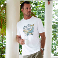 Men's crew neck tee with an ocean-themed 'More Fish, Less Plastic' graphic, whales, and palm trees on soft cotton.