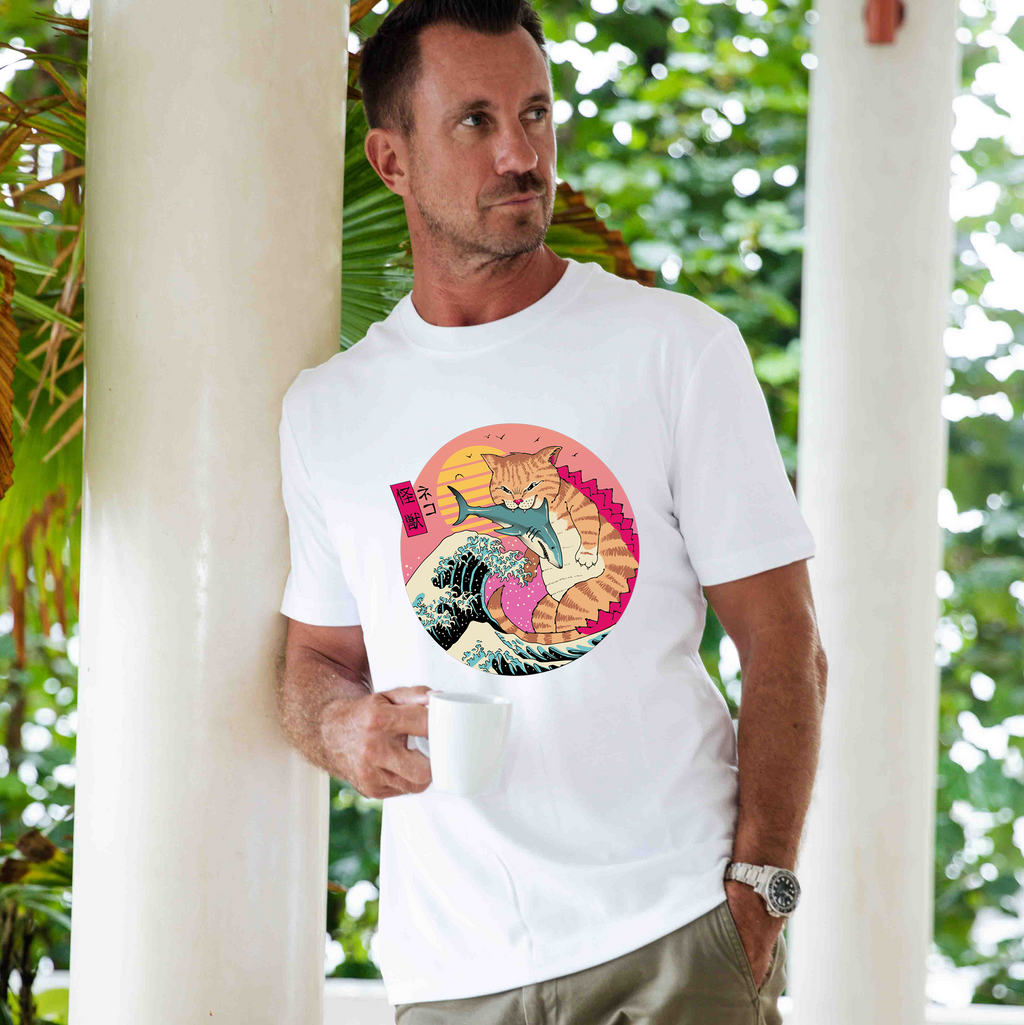 Super CatZilla Japanese Art Graphic Tee in White - 100% Cotton