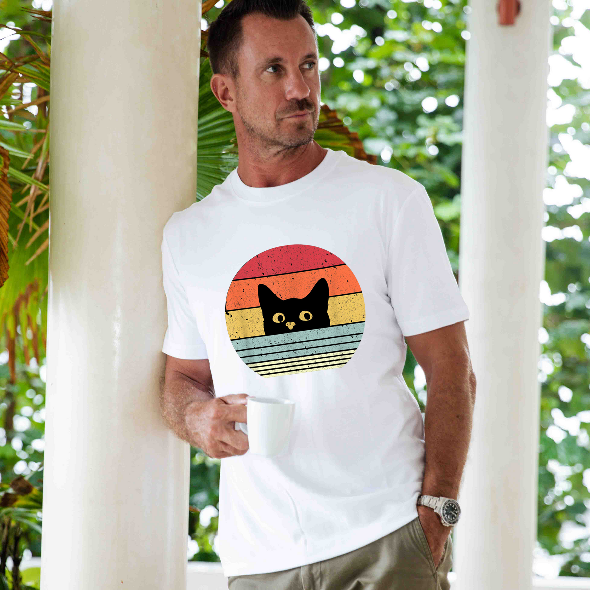 White crew neck cotton t-shirt with a retro-style black cat illustration