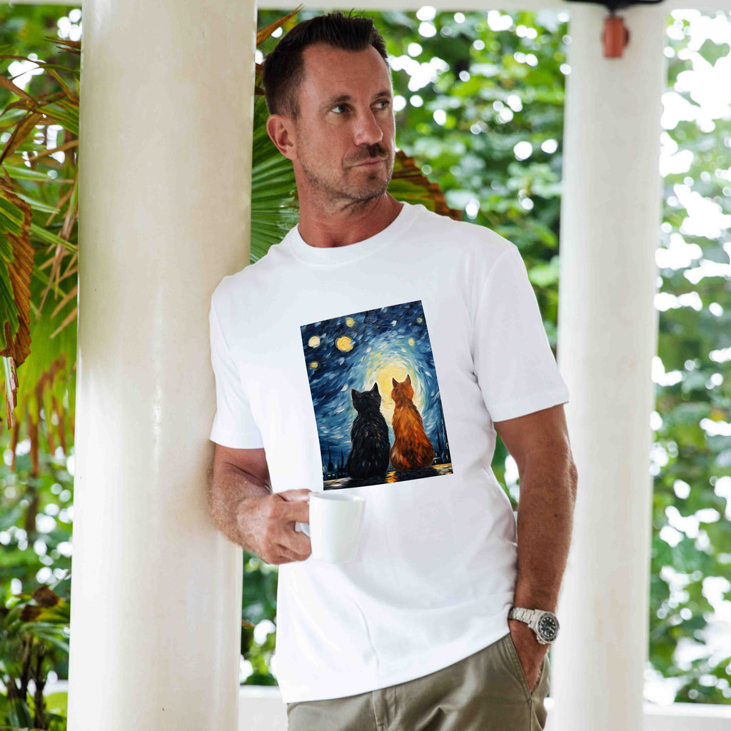 White Hawaiian Graphic Tee: Van Gogh Cats In Love Cotton T-Shirt