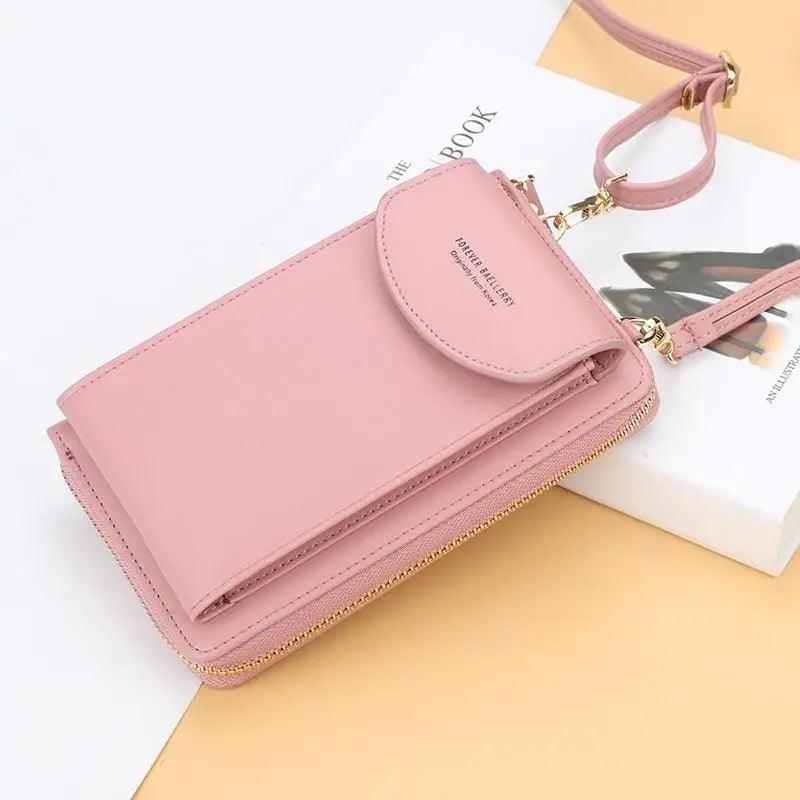 Minimalist leather long wallet and crossbody bag in solid color with adjustable shoulder strap