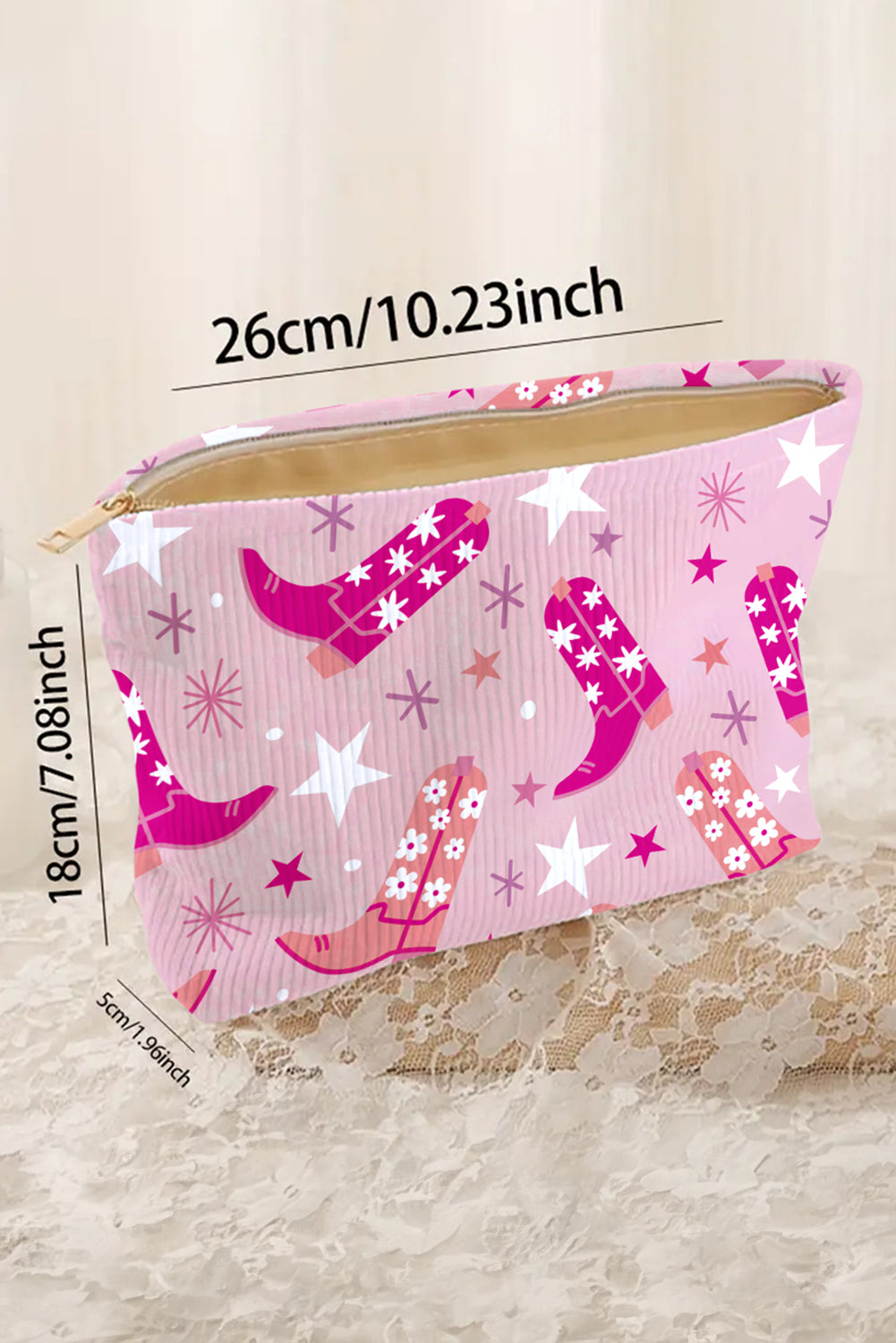 Pink Western Cowboy Boots Print Corduroy Makeup Bag