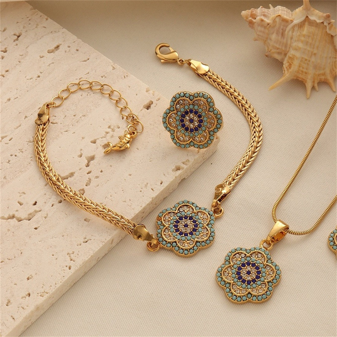 Turkish Evil Eye Flower Jewelry Set with Gold-Tone Enamel Accents