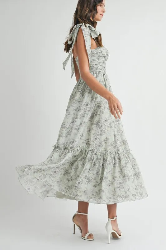 Floral Bust Ruched Midi Dress with Shoulder Tie