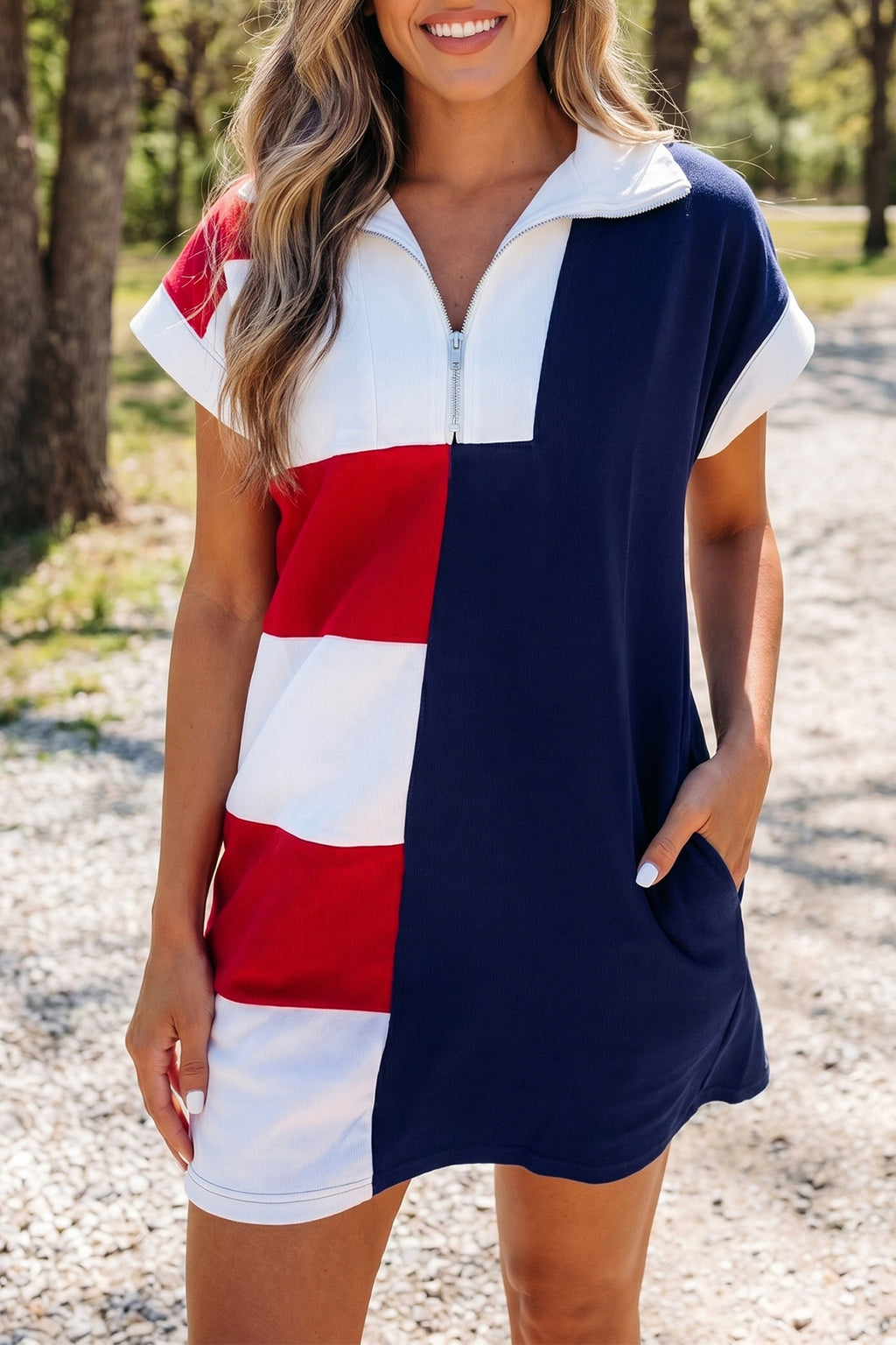 Mallory striped t-shirt dress with zip-up collar in navy, white, and red