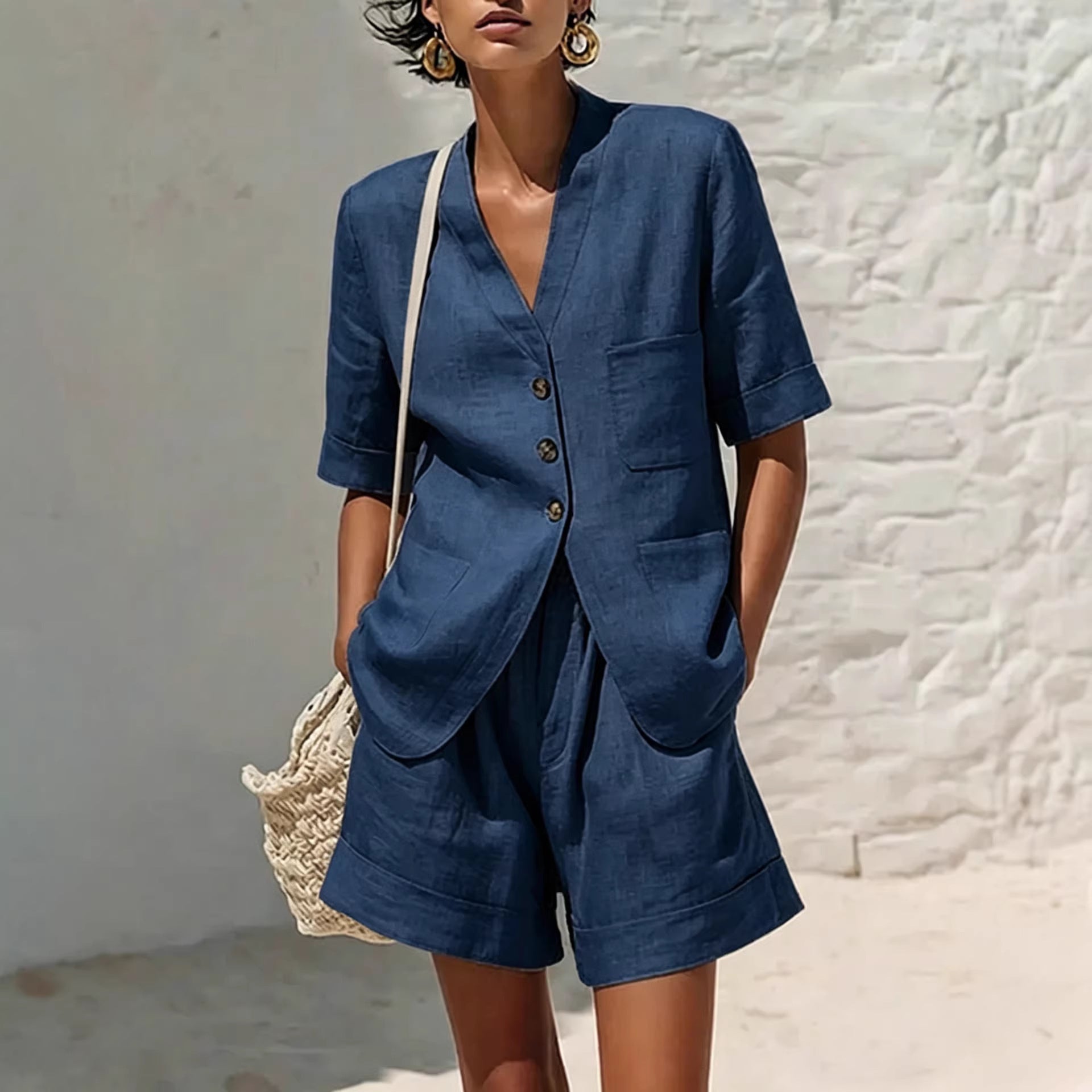 Women's Cotton-Linen Button-Down Top and Relaxed Shorts Set - Image 5