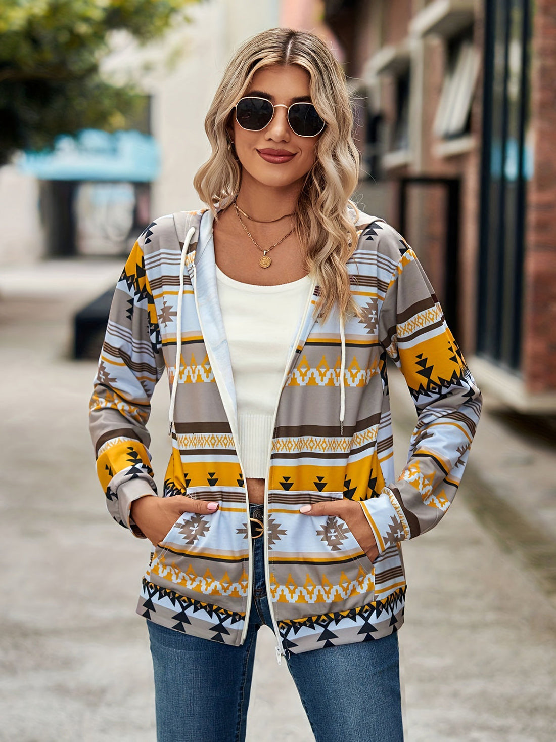 Geometric Hooded Sweatshirt Jacket