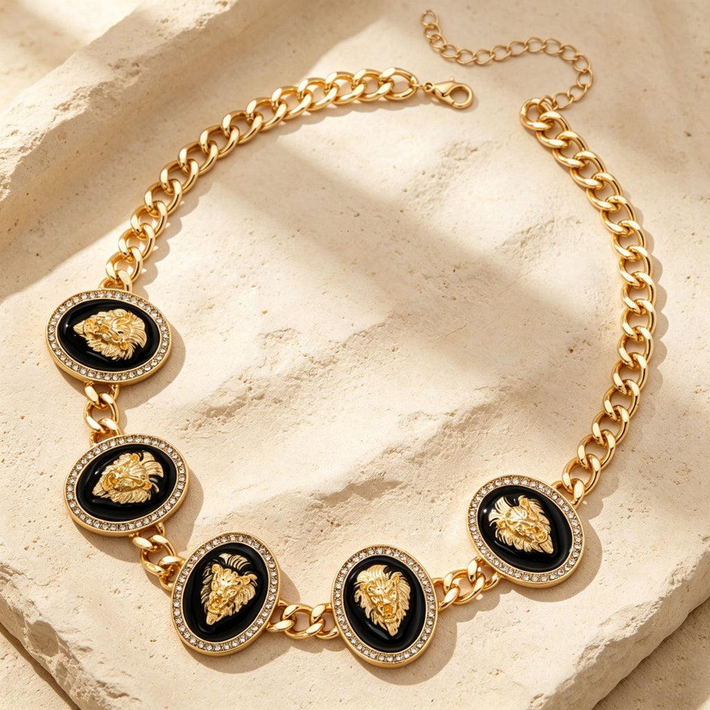 Women Vintage Black Enamel Portrait Head Chunky Cuban CZ 3Pcs Jewelry Set, Matching Necklace Stud Earrings Bracelet Gold Plated Retro Evening Party Gift
