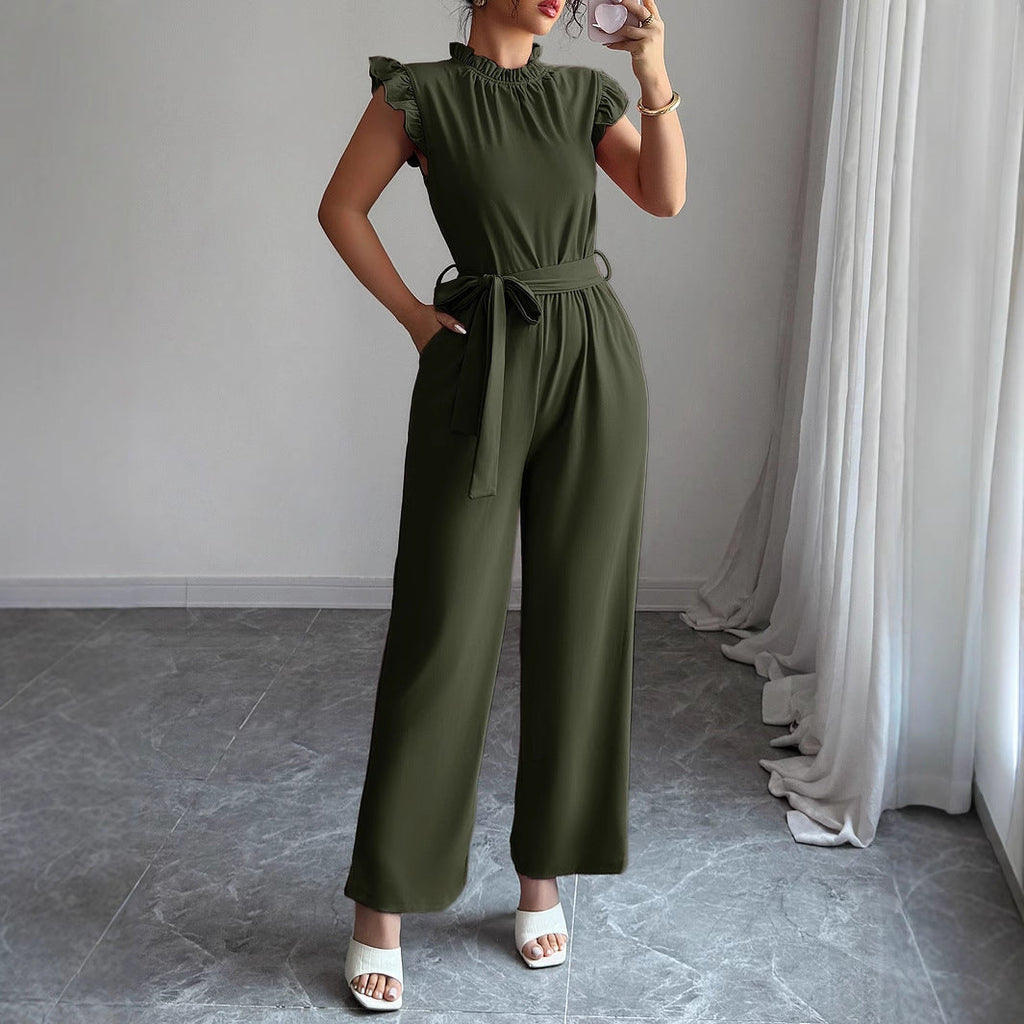 Minimalist corset-style jumpsuit with ruffled flying sleeves in olive green and dusty pink.