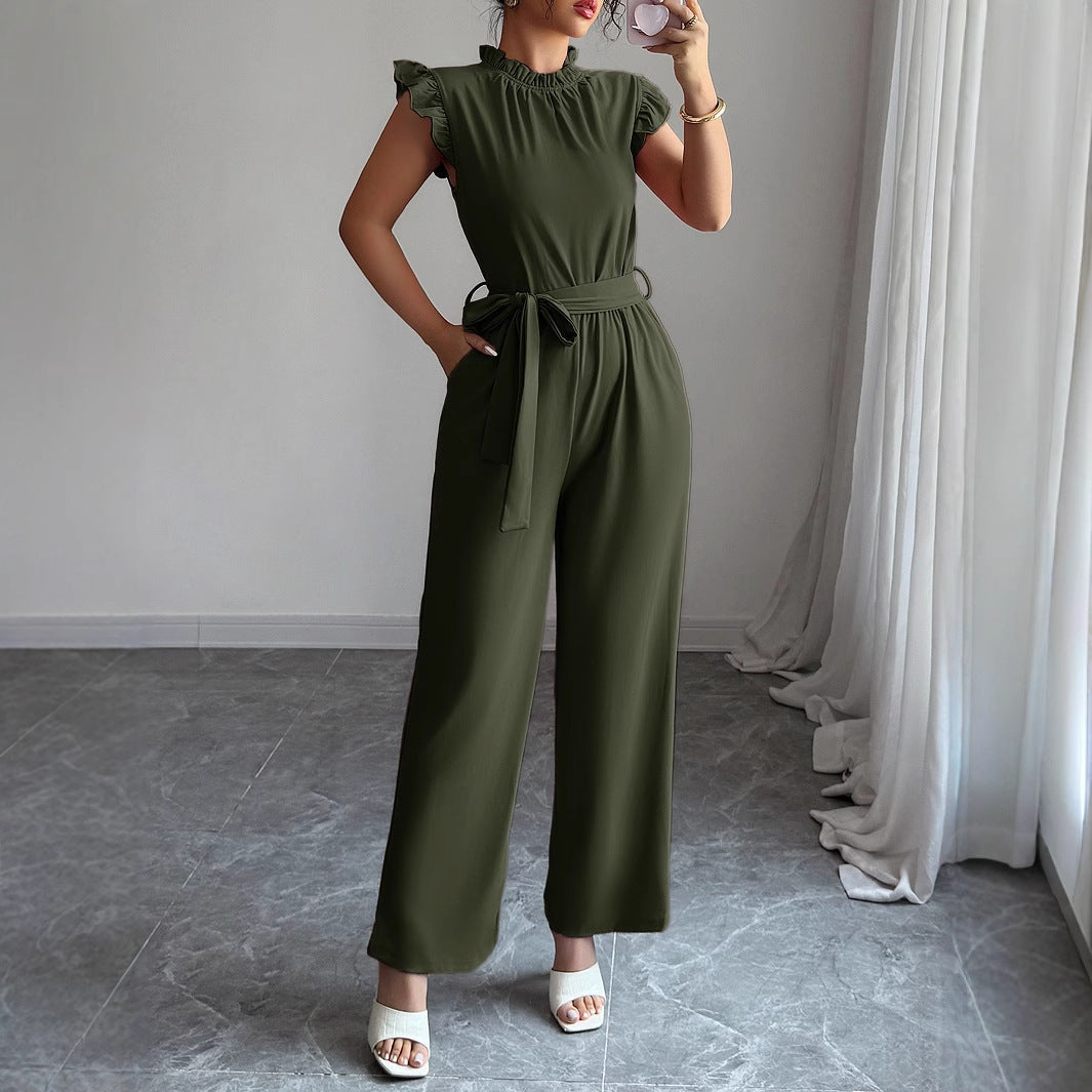 Minimalist corset-style jumpsuit with ruffled flying sleeves in olive green and dusty pink.