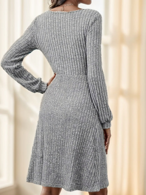 Elegant Long Sleeve Ribbed Knit Midi Dress with Button Details