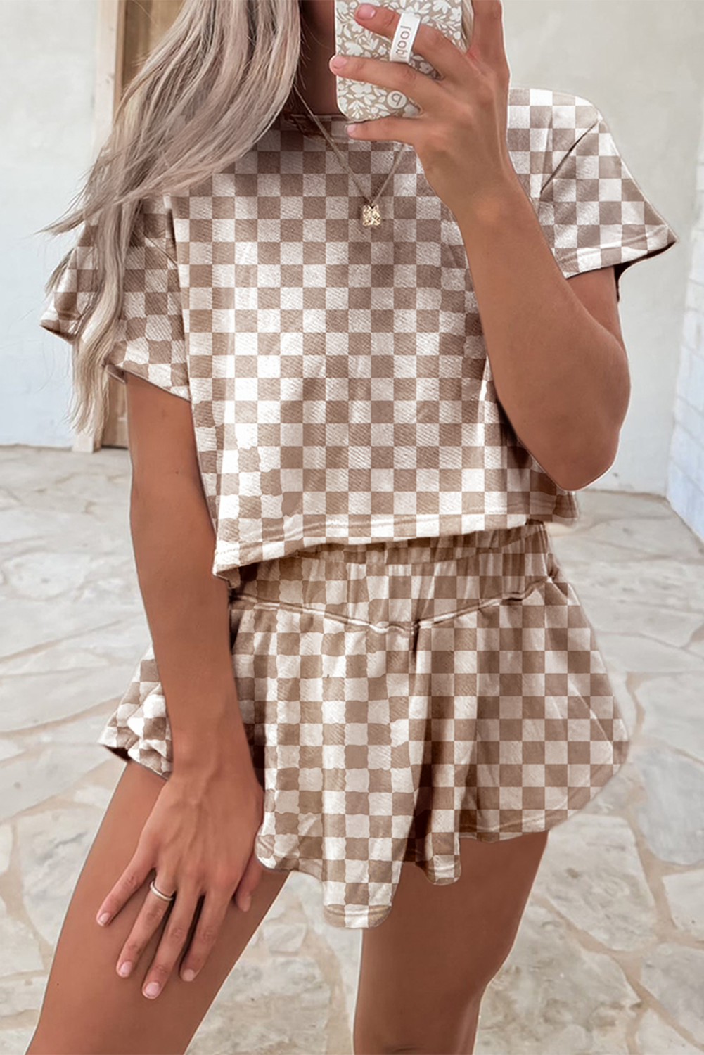 Brown Checkerboard T Shirt and High Waist Skorts Set