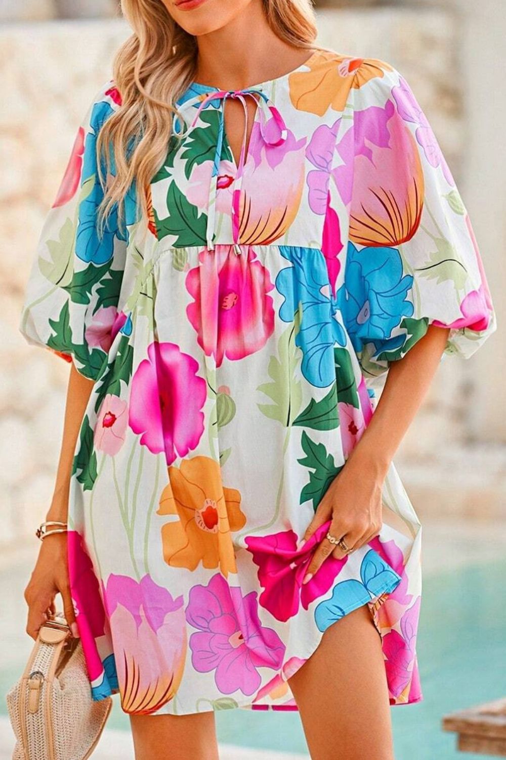 Floral Print Tie-Neck Dress - Elegant Lightweight Midi Dress