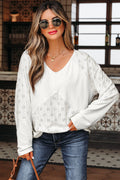 White Twisted Rib Patchwork Embroidered V Neck Long Sleeve Top