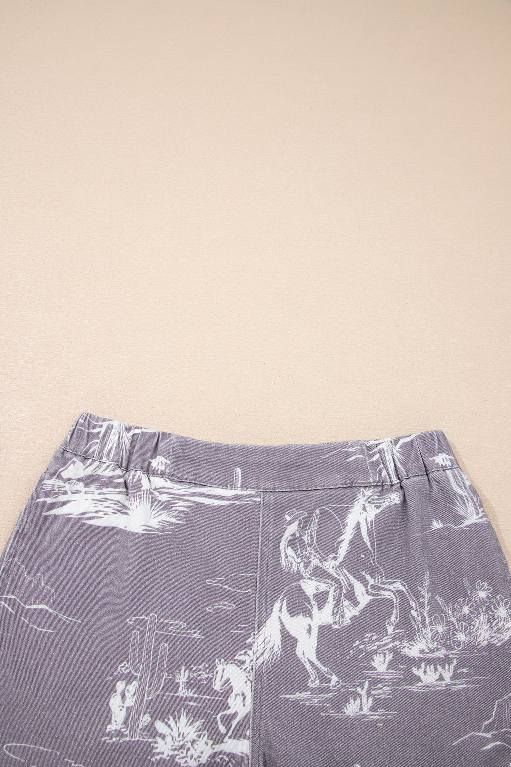 Western Cowboy Graphic Denim Elastic Waist Shorts