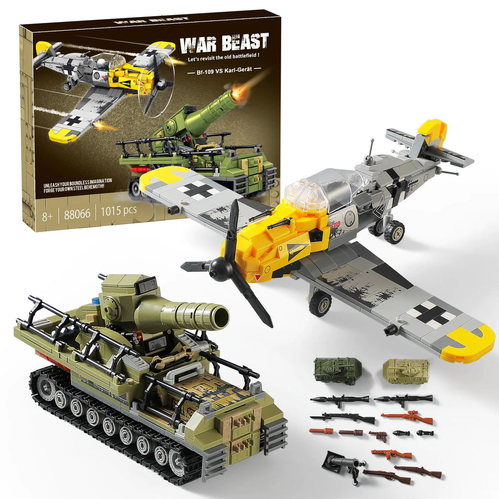 WW2 Military Toys Building Sets Create a BF109 Fighter Plane & a Karl Giant Mortar Tank Compatible with Lego Great Army Airplane Toy for Boys and Kids Age 8-12