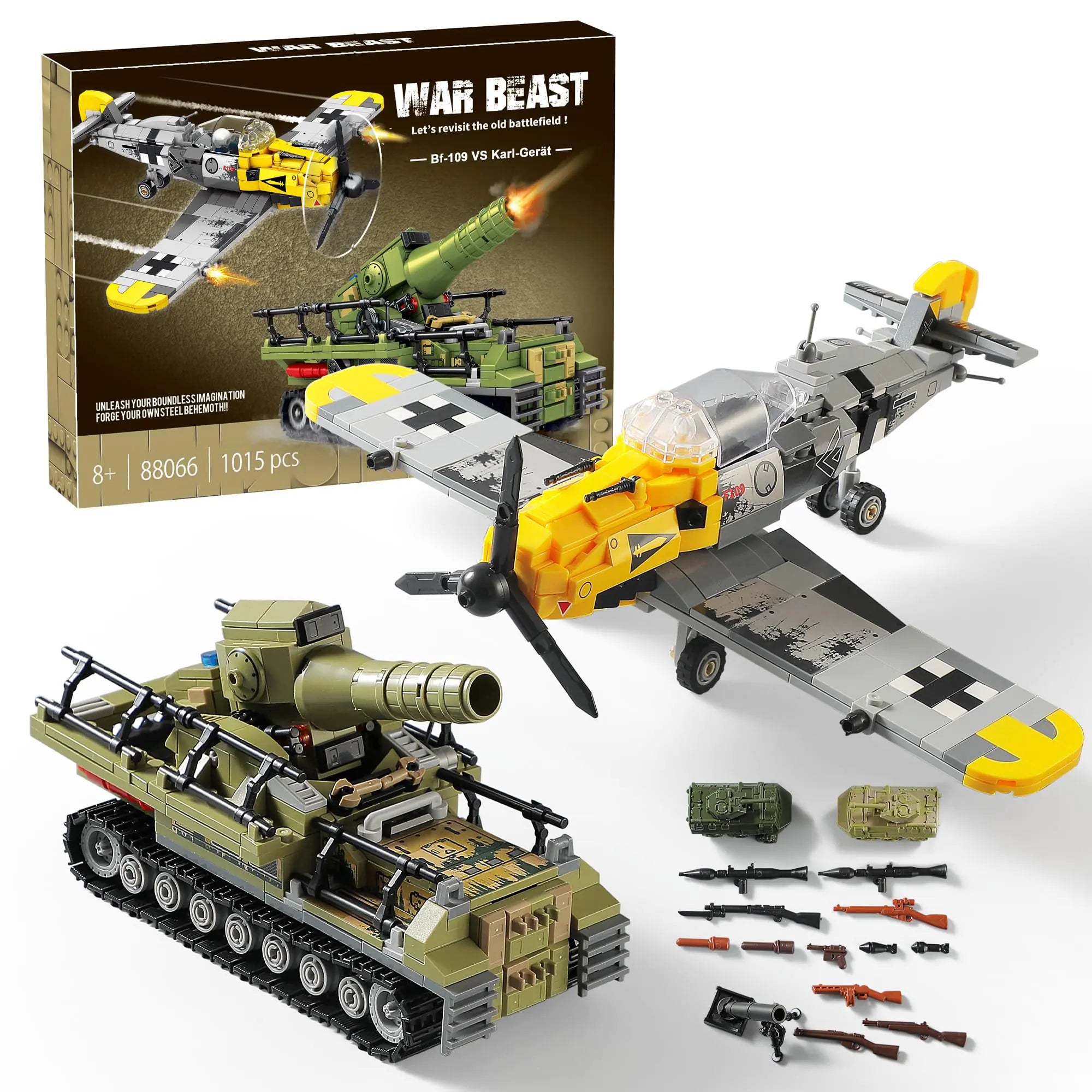 WW2 Military Toys Building Sets Create a BF109 Fighter Plane & a Karl Giant Mortar Tank Compatible with Lego Great Army Airplane Toy for Boys and Kids Age 8-12
