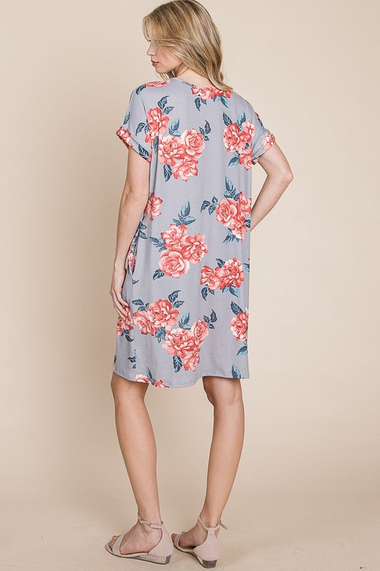 Floral Print Short Sleeve T-Shirt Dress with Pockets for Women
