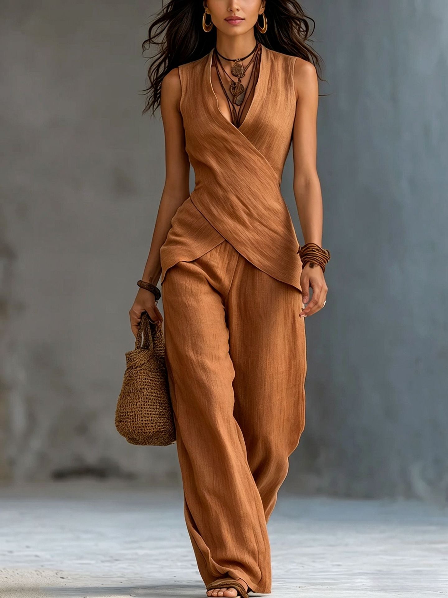 Women's Linen V-Neck Crossover Tank & Casual Trousers Set