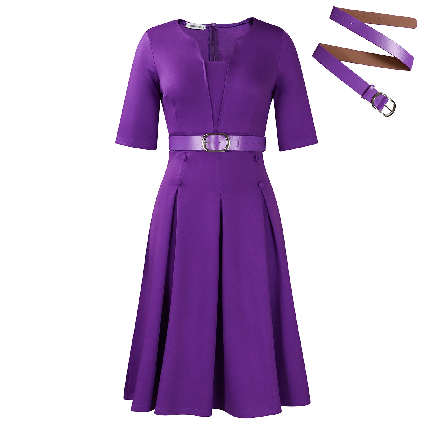 Elegant A-Line Belted Dress Classic Professional Midi Dress