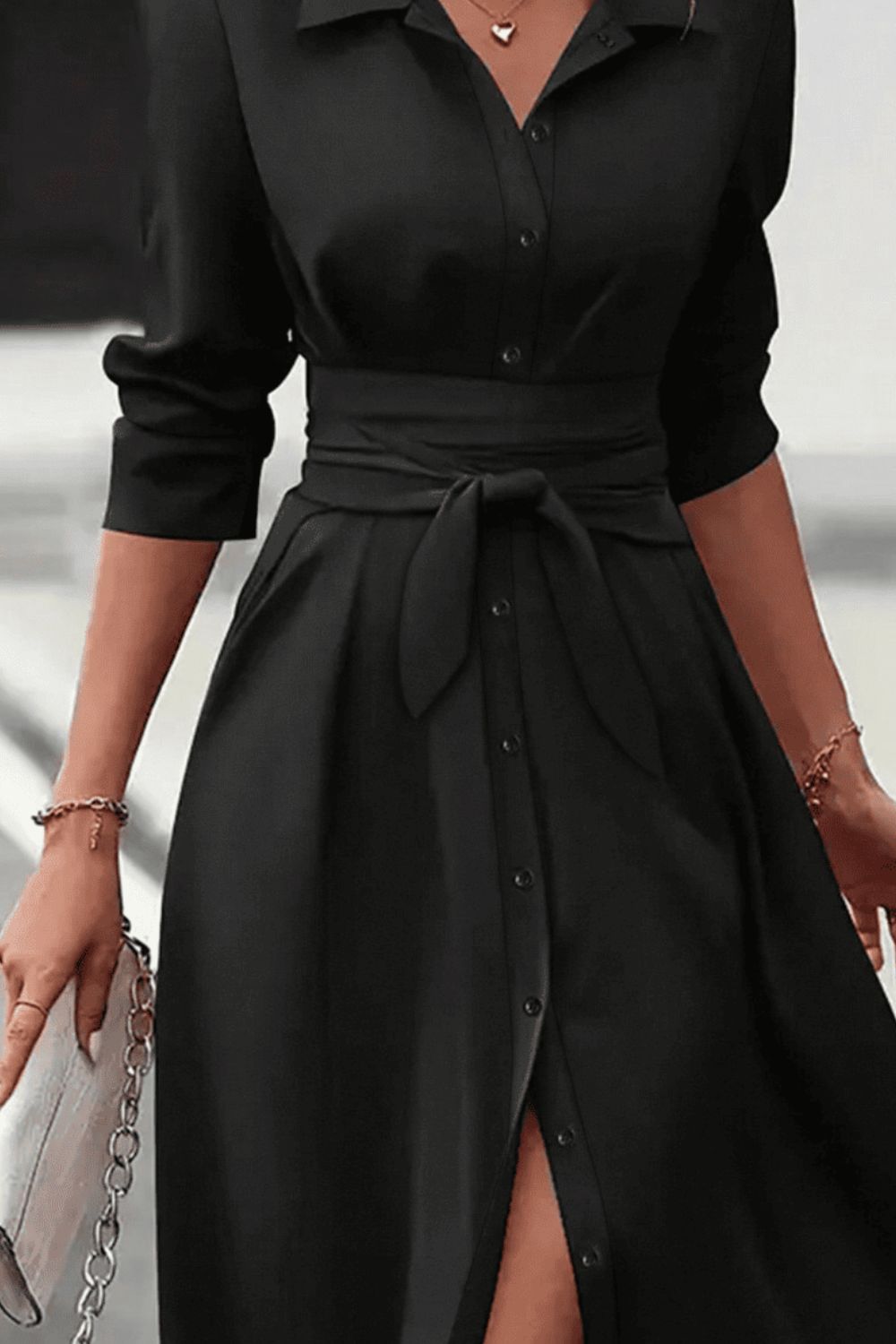 Black Long Sleeve Midi Shirt Dress with Tied Waist