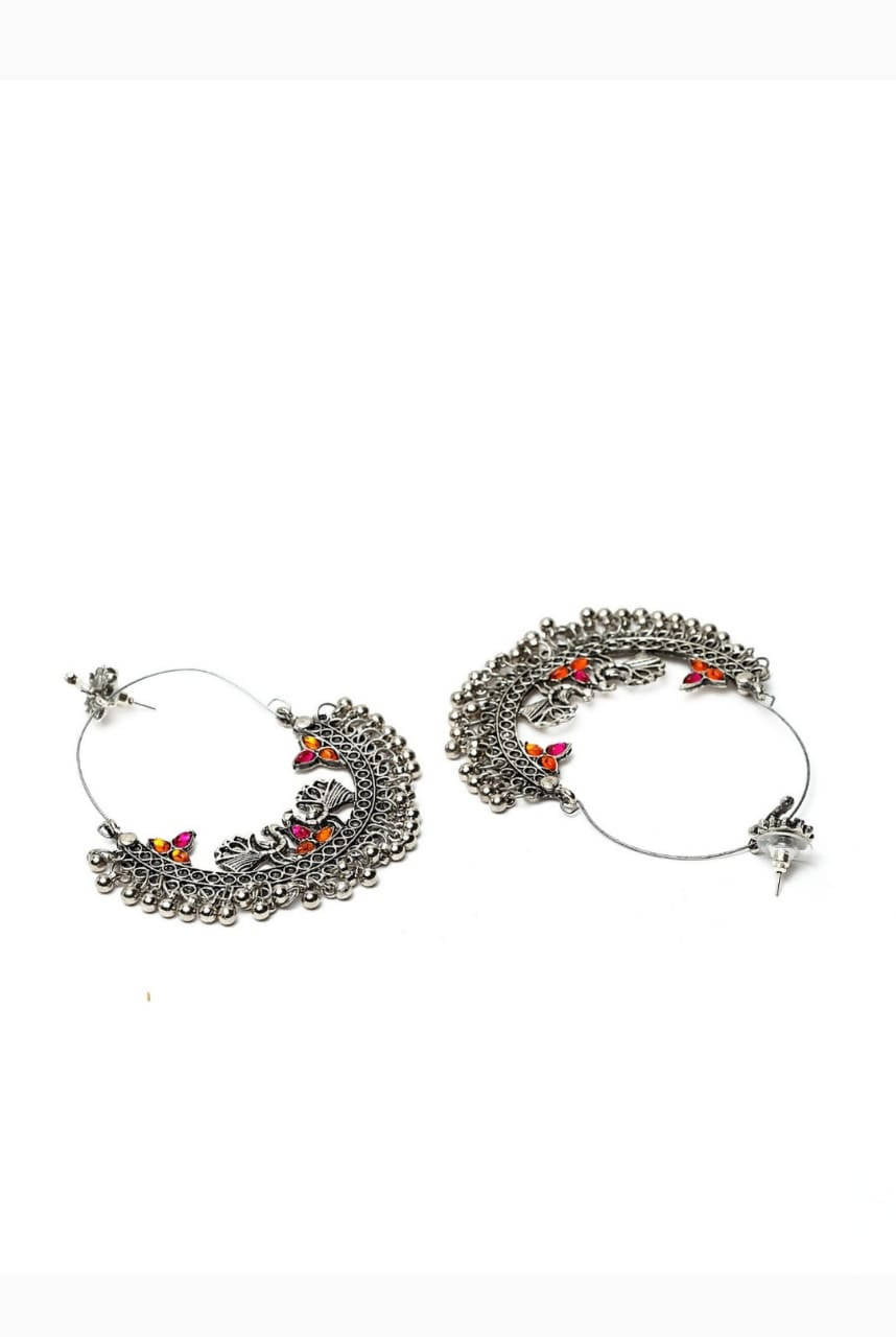 Silver-Plated Peacock Chandbali Earrings with Multi-Color Accents