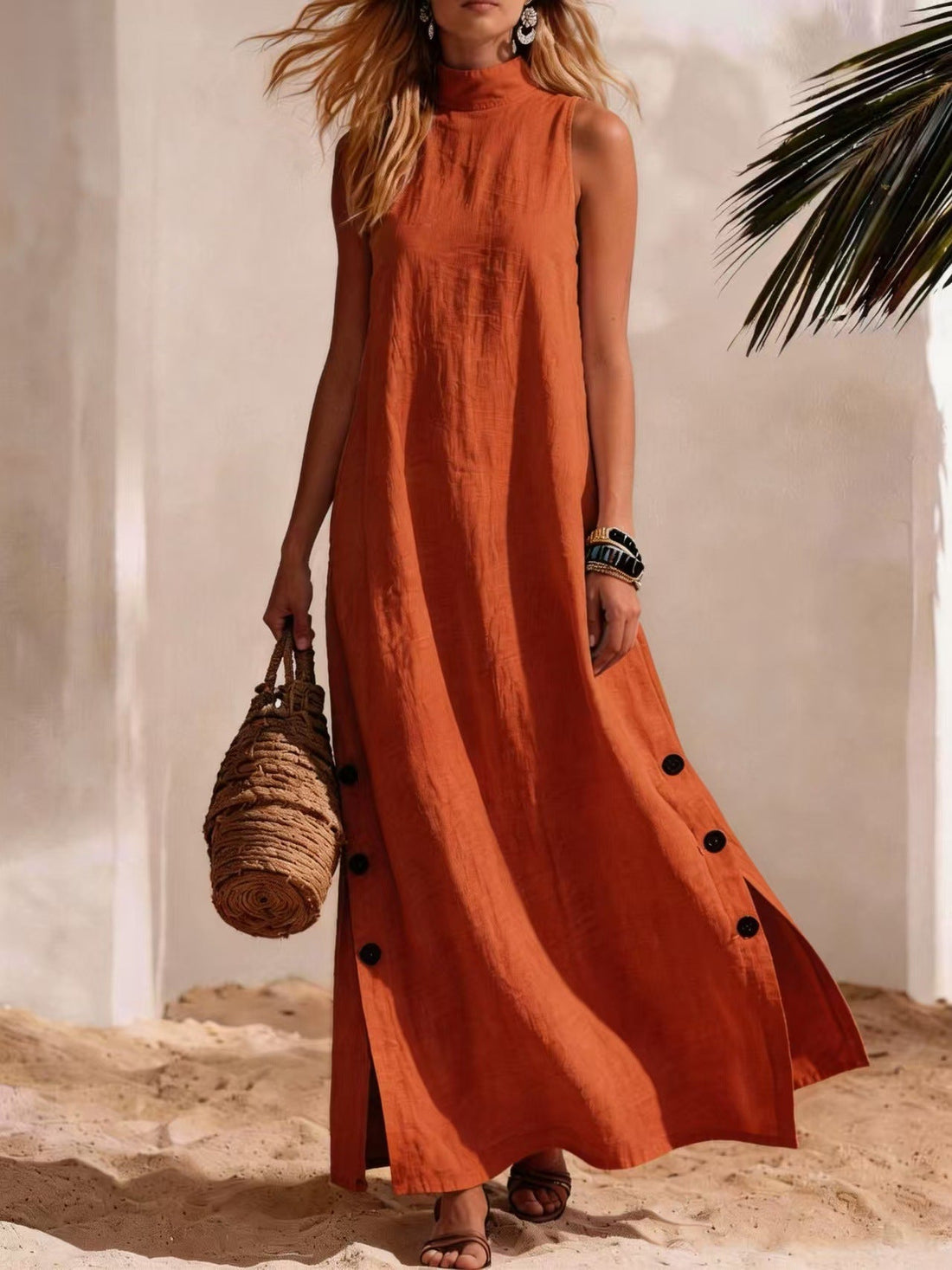 Cotton Linen Sleeveless Midi Dress with Side Slits – Loose Fit