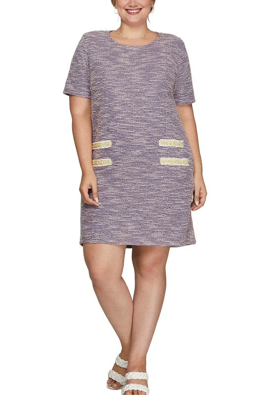 Short Sleeve Pearl Trim Knit Tweed Dress in Purple and White
