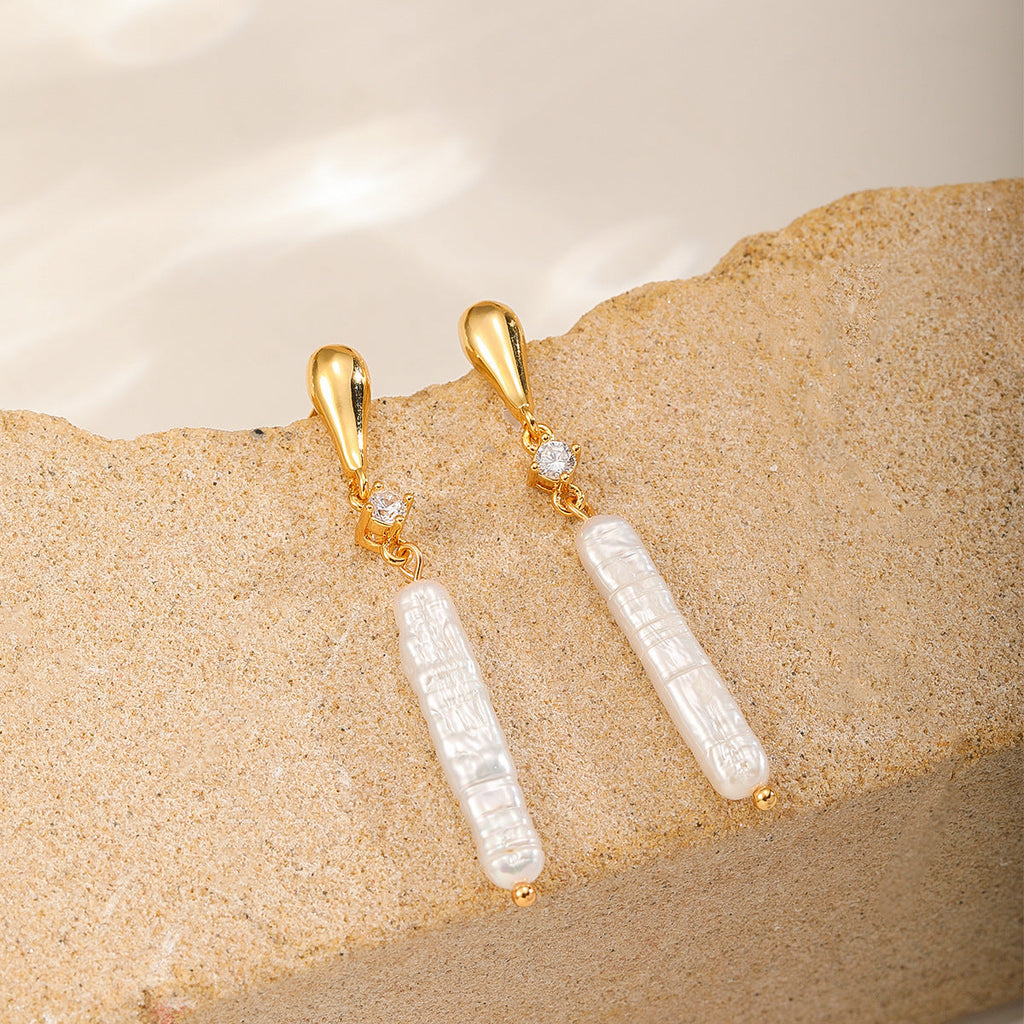 Vintage Long Bar Freshwater Pearl Earrings For Women