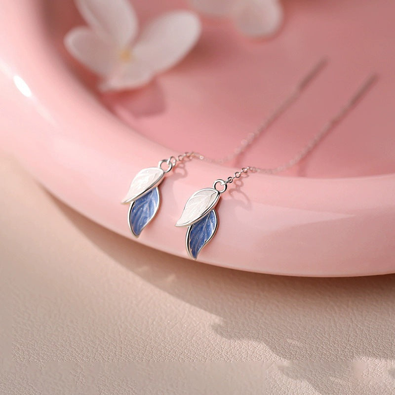 Womens Leaf-shaped Tassel Long Earrings