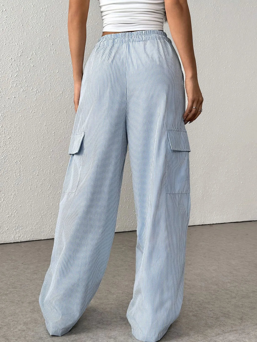Drawstring Striped Wide Leg Cargo Pants