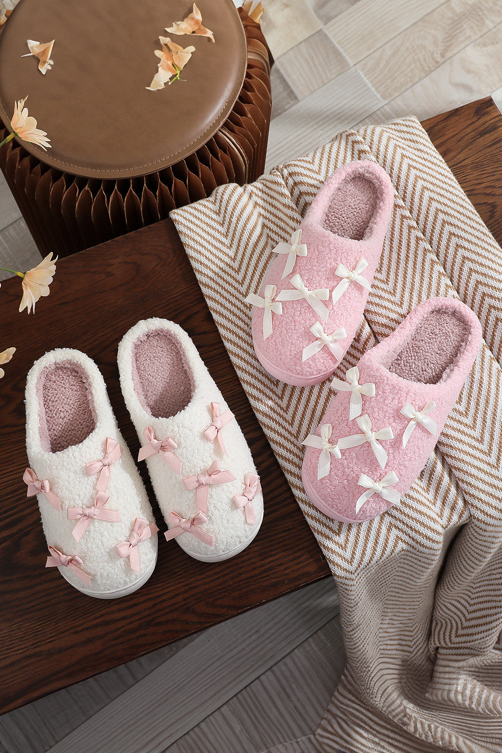 White Ribbed Bow Plush House Slipper | Cozy Indoor Footwear