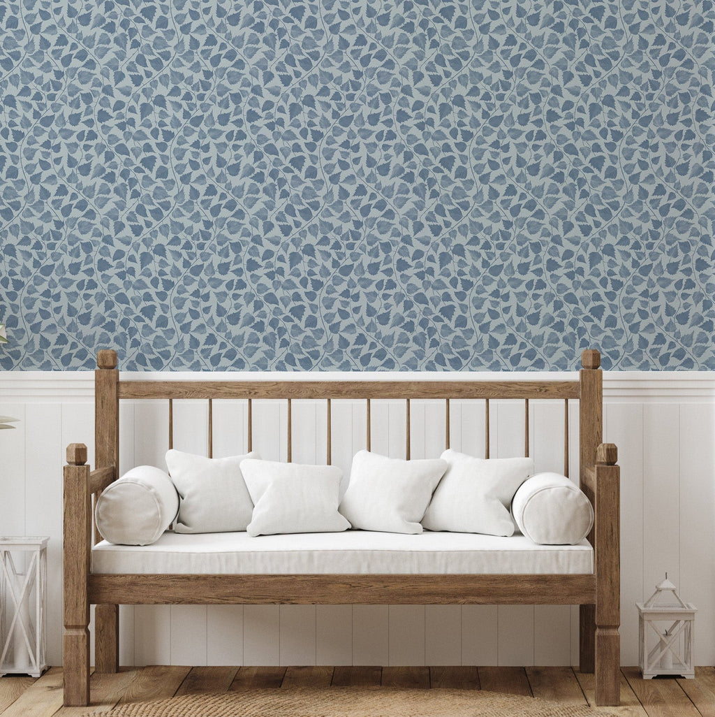 Iveline floral wallpaper featuring minimalist Scandinavian design in blue, beige, and green tones.