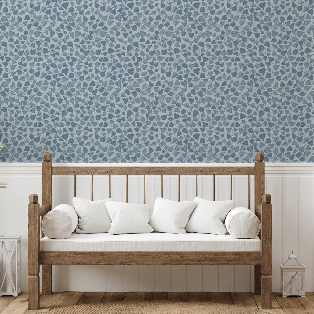 Iveline floral wallpaper featuring minimalist Scandinavian design in blue, beige, and green tones.
