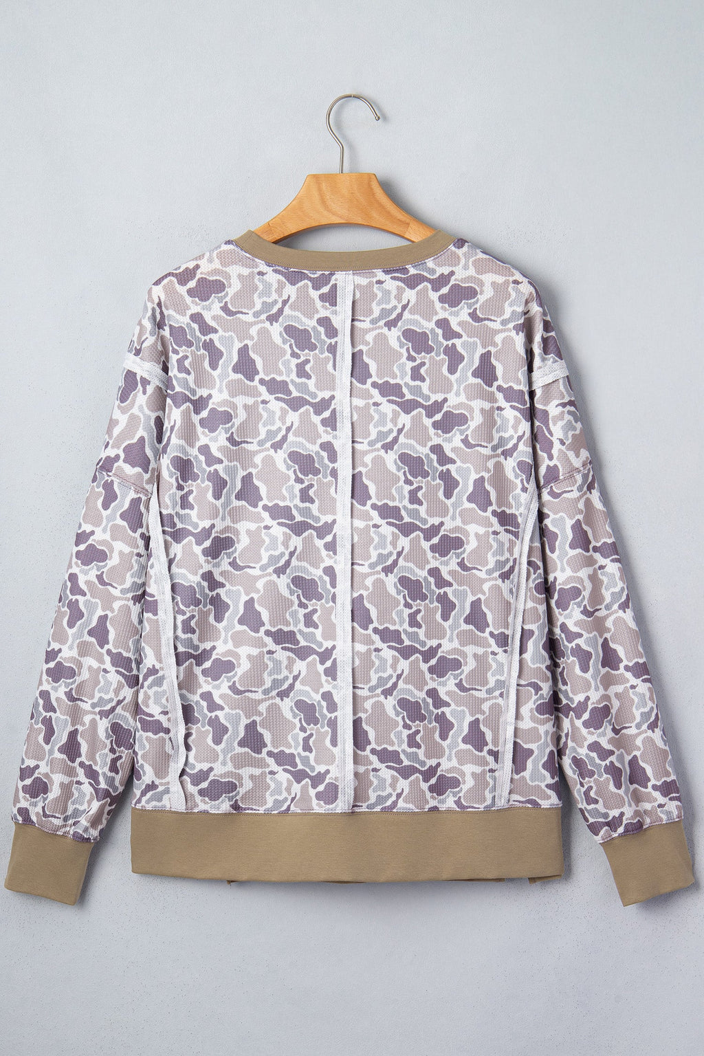 Camo Contrast Trim Waffle Knit Long Sleeve Top