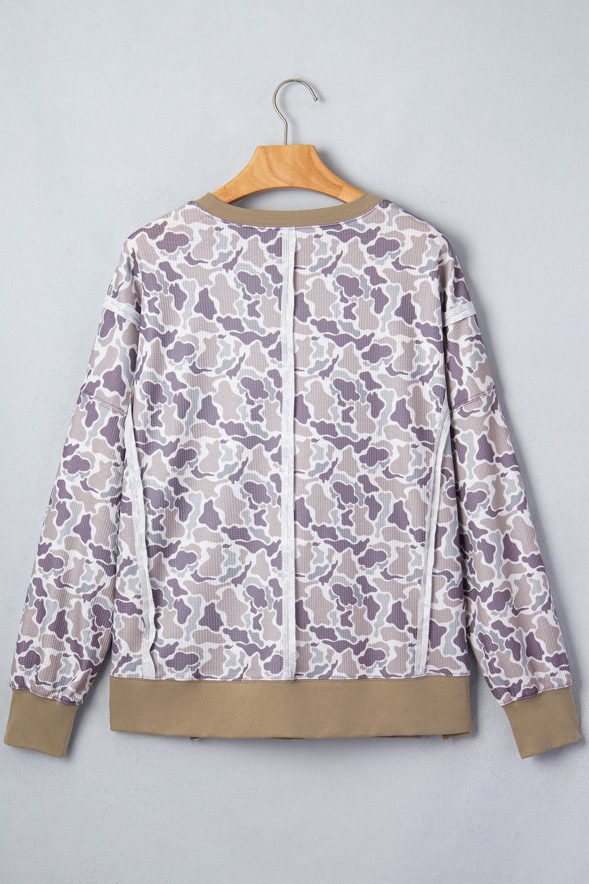 Camo Contrast Trim Waffle Knit Long Sleeve Top