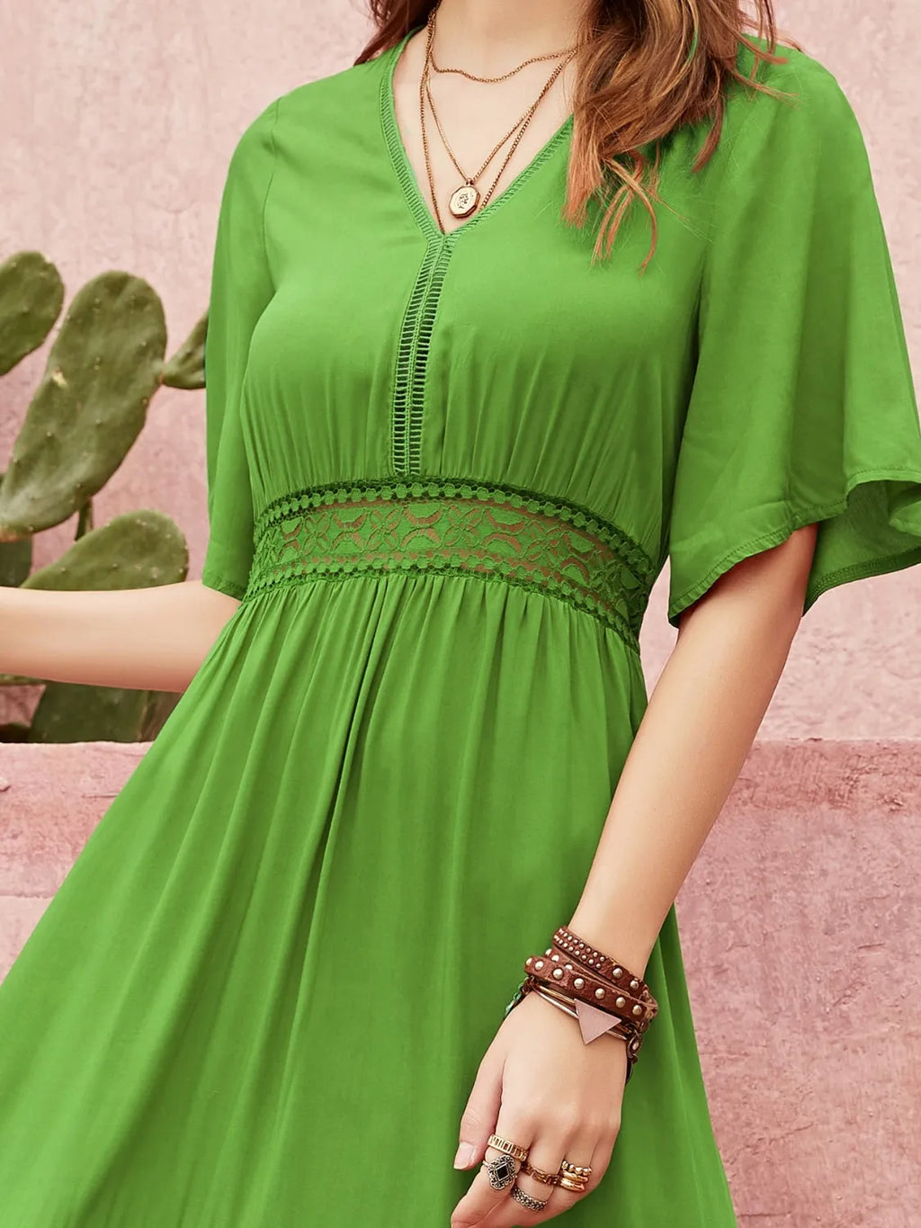 Lace Detail V-Neck Short Sleeve Dress