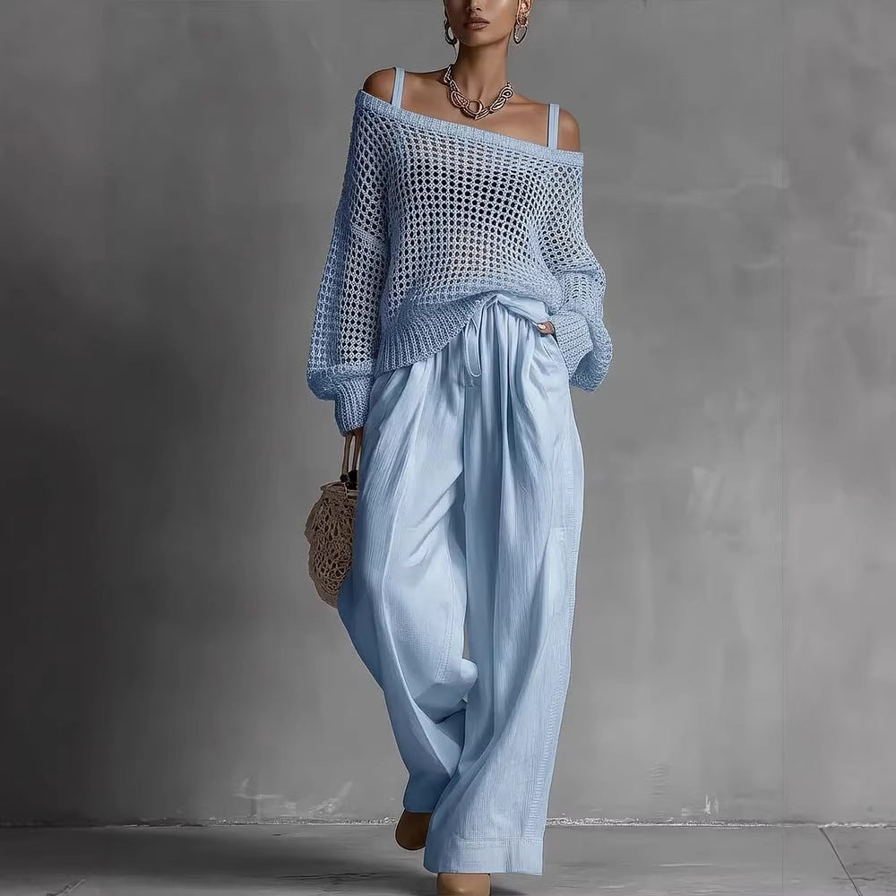 Women's Hollow-Out Knit Top and Wide-Leg Linen Pants Two-Piece Set - Image 4