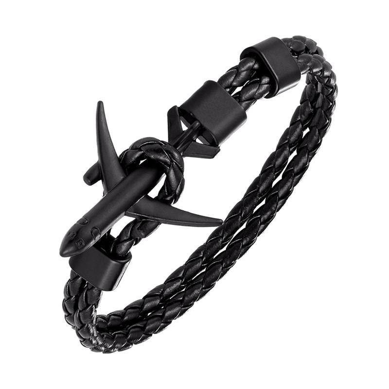 Aviation-inspired leather anchor bracelet with glass bead accents for men and women