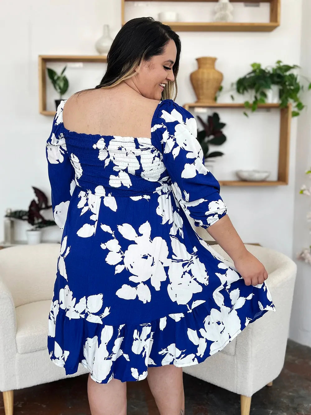 Floral Ruffle Hem Smocked Midi Dress with Pockets