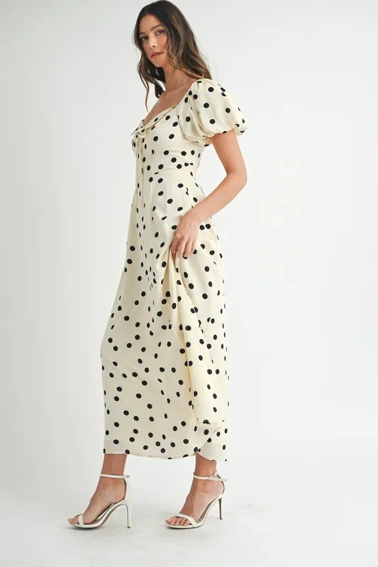 Vintage Polka Dot Puff Sleeve Midi Dress with Retro Flutter