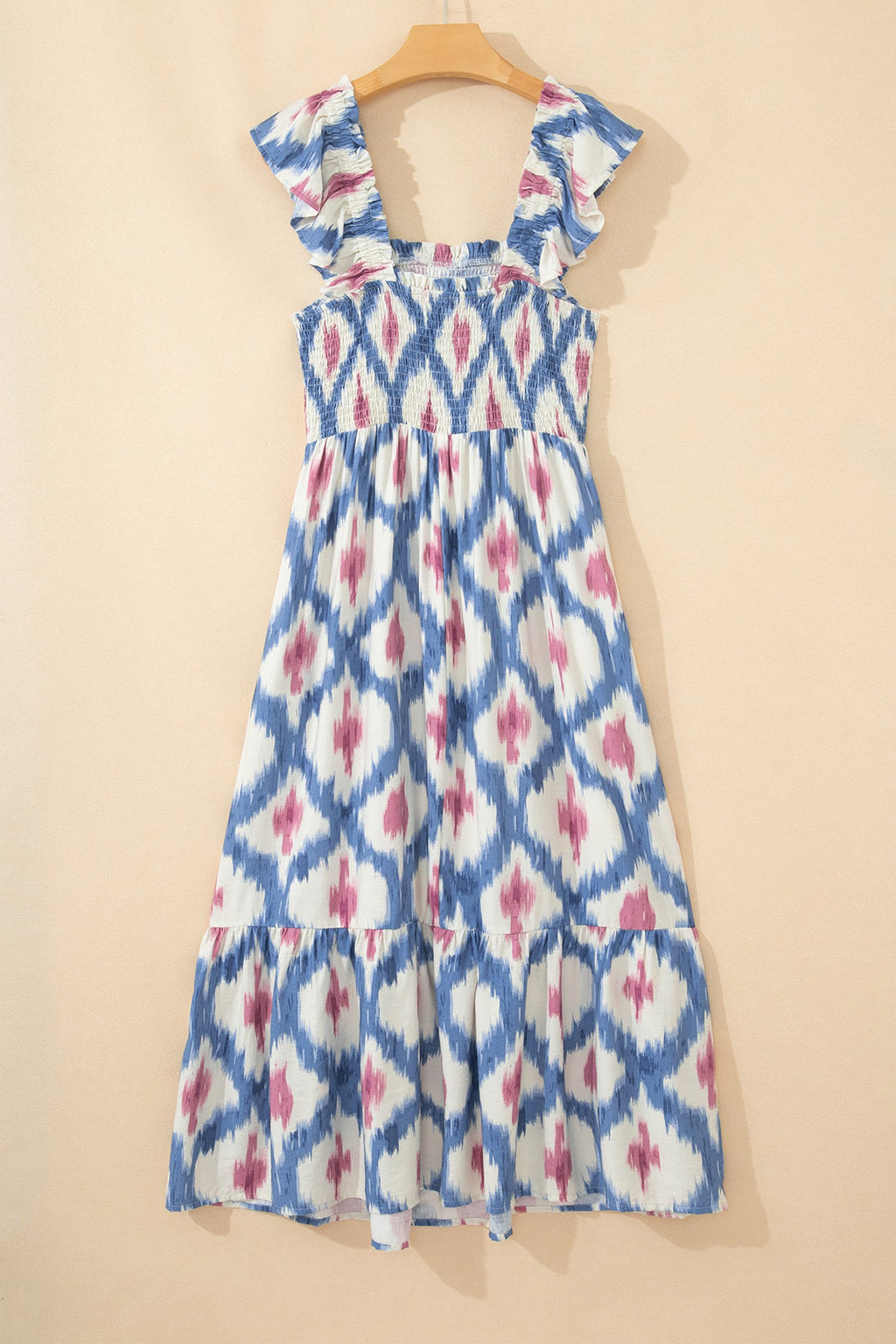 Ruffle Sleeve Boho Mini Dress Abstract Pattern Square Neck