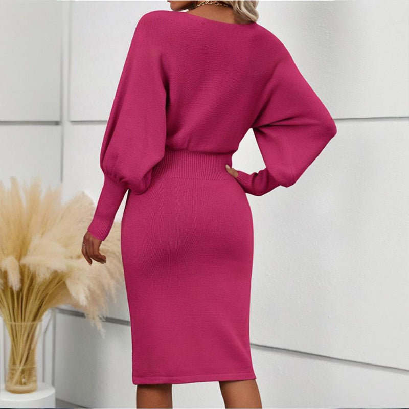 Women's Lantern Sleeve Bodycon Knit Dress Elegant Midi - Image 2